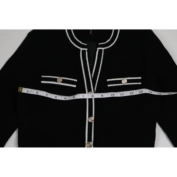 Maje Knit Midi Dress Contrast Trim Pleated Skirt Black White Office Classic $480 - Picture 7 of 15